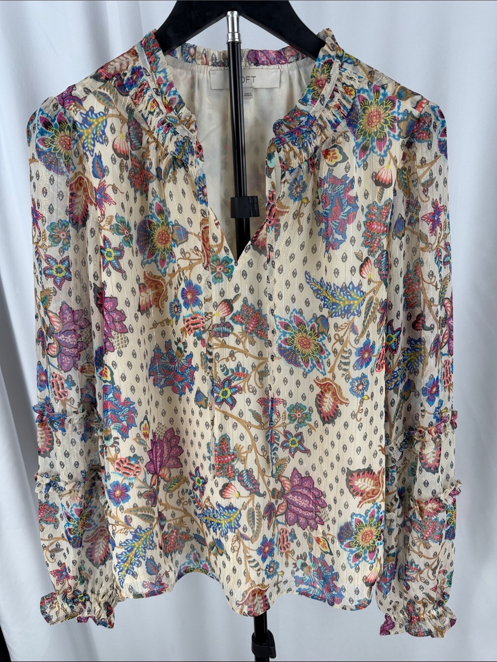 LOFT Cream Floral Ruffle-Neck Long Sleeve Blouse